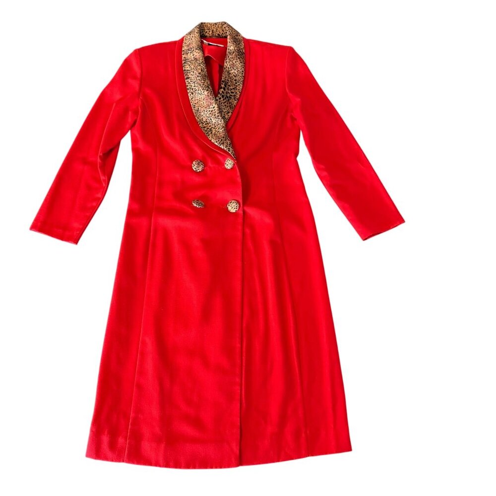 Vintage Caron Chicago Red Long Coat Size 6 Leopard Print Collar Made in USA